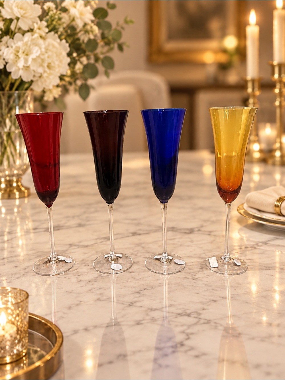 Vintage Bohemia Crystal Colored Stemware Set — Red, Green, Blue, Amber